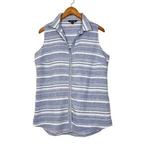 ELLEN TRACY Linen Stripped Blue White Button Up Sleeveless Top Tunic Sz L Costal